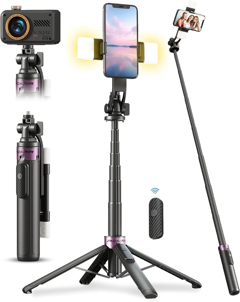 Aklima 53'' Selfie Stick Tripod with Light, Enhanced 4-Leg Cell Phone Stand Camera Tripod with Rechargeable Wireless Remote & 2 Fill Light, Portable Selfie Stick Travel Essentials for iPhone Android - Image 1